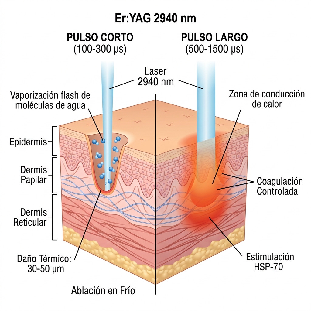 Diagrama comparativo de la biofísica de interacción luz-tejido a 2940 nm entre pulso corto (ablación en frío) y pulso largo (coagulación térmica).