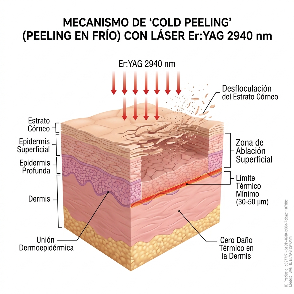 Esquema histológico del efecto del Peeling en Frío en las capas epidérmicas.