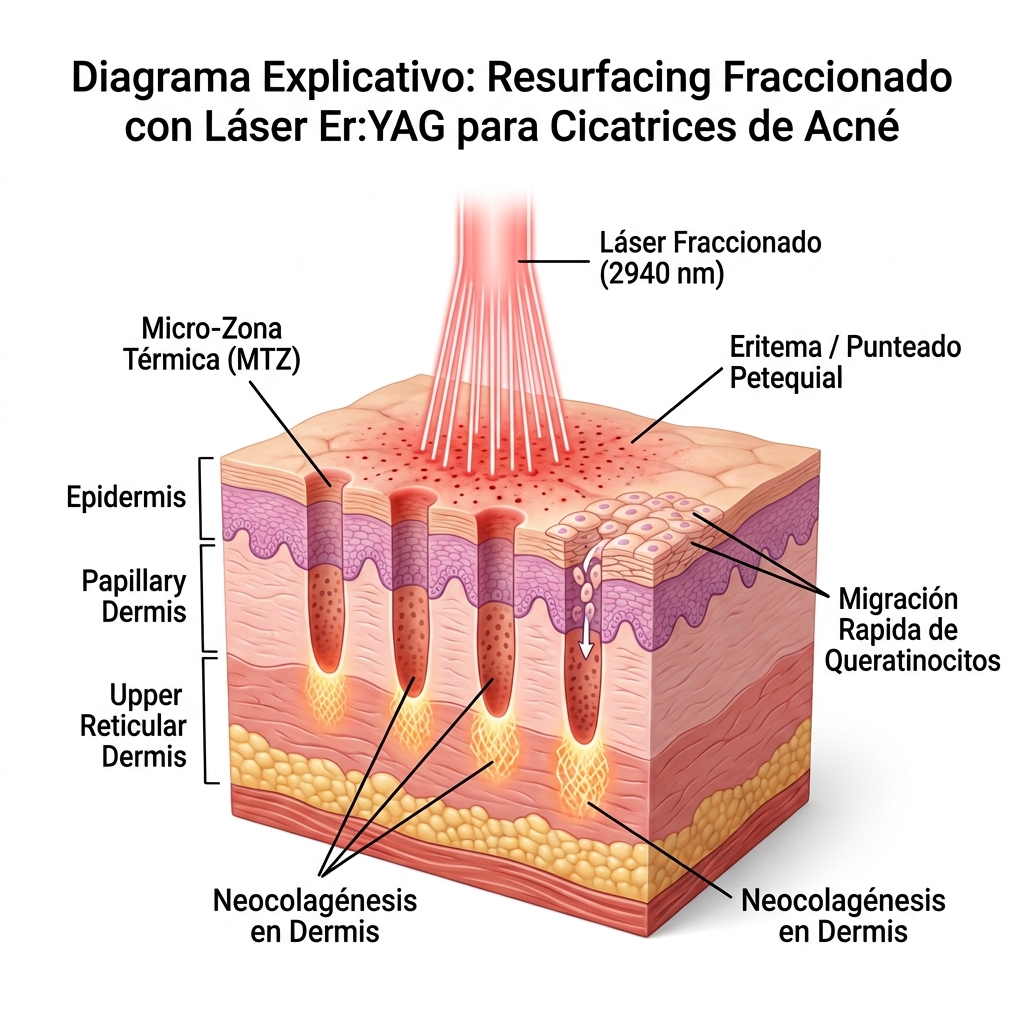 Diagrama de sección transversal mostrando micro-zonas de lesión fraccionada (MTZ) y puentes de tejido sano.