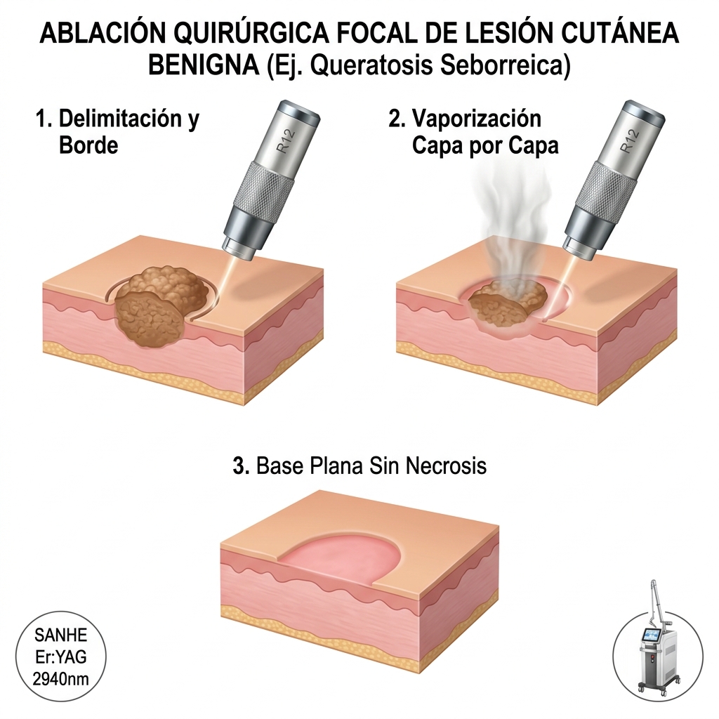 Diagrama secuencial paso a paso de ablación capa por capa de una lesión epidérmica exofítica.