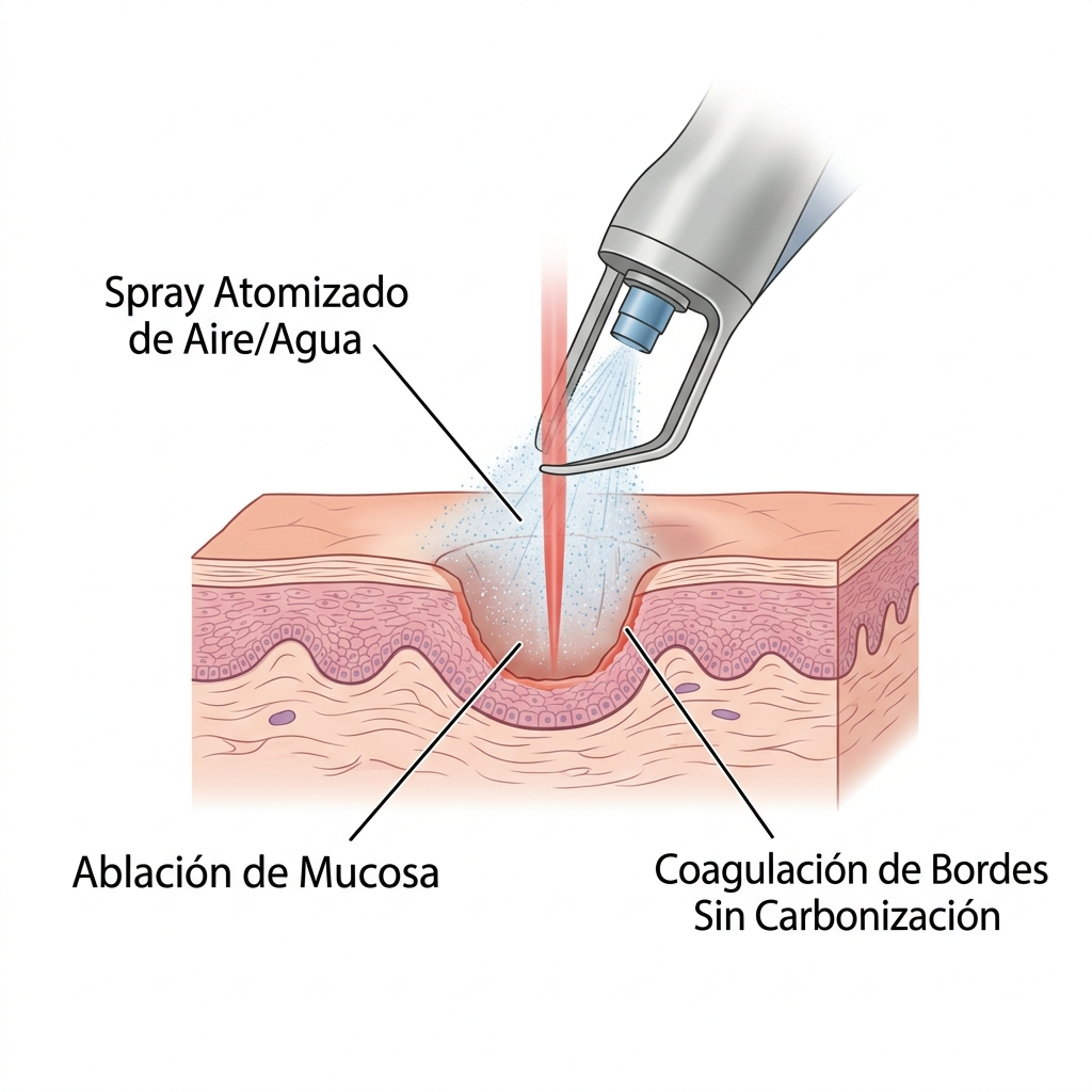 Diagrama de ablación en mucosa oral asistida por spray de aire y agua.