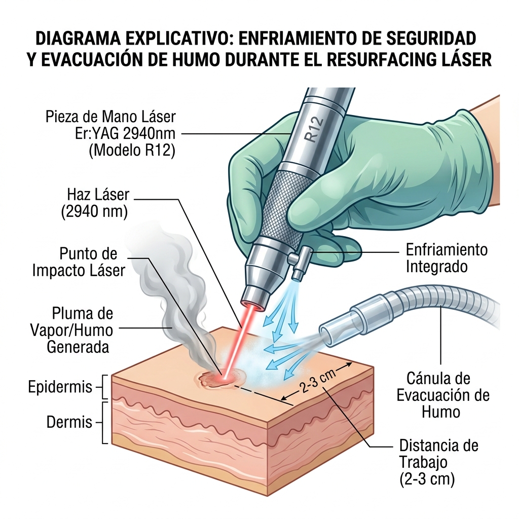 Esquema del flujo neumático de enfriamiento y sistema de evacuación de pluma de humo.