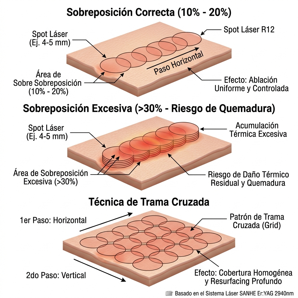 Diagrama gráfico de patrones de sobreposición (overlap) permitida (10-20%) versus técnica de pasada cruzada.