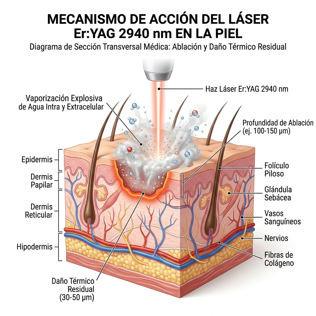 Diagrama de corte histológico de la piel mostrando la interacción de la luz láser Er:YAG de 2940 nm con el agua tisular y la zona de daño térmico residual de 30-50 µm.