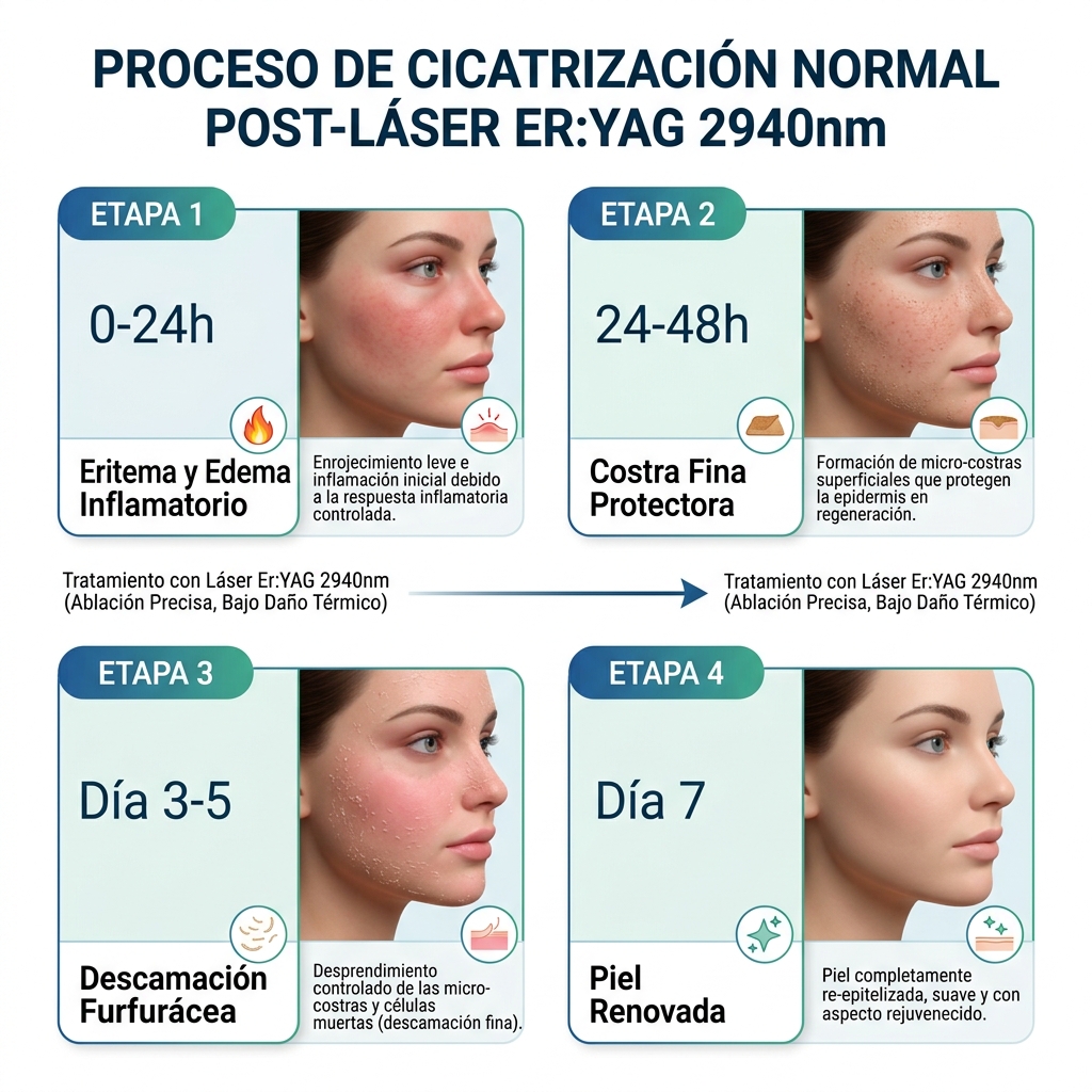 Infografía secuencial del proceso de cicatrización normal en piel tras un procedimiento ablativo con láser Erbium YAG.