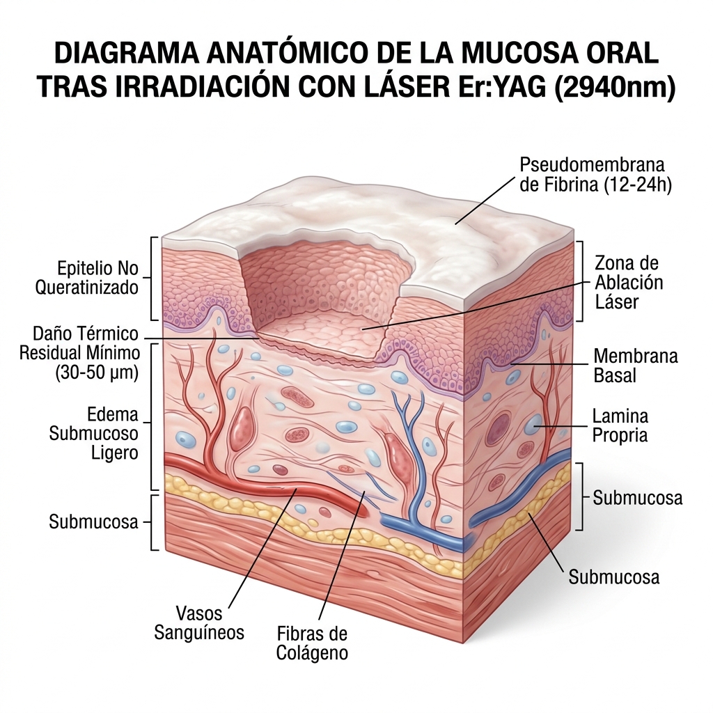 Diagrama histológico de la mucosa oral mostrando la formación de la pseudomembrana de fibrina.