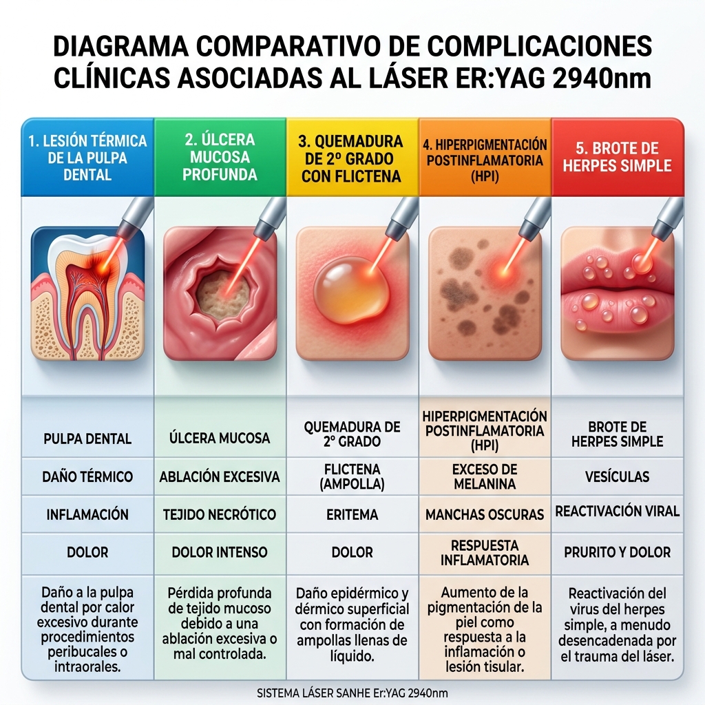 Cuadro sinóptico de diagnóstico diferencial visual de las 5 principales complicaciones iatrogénicas.