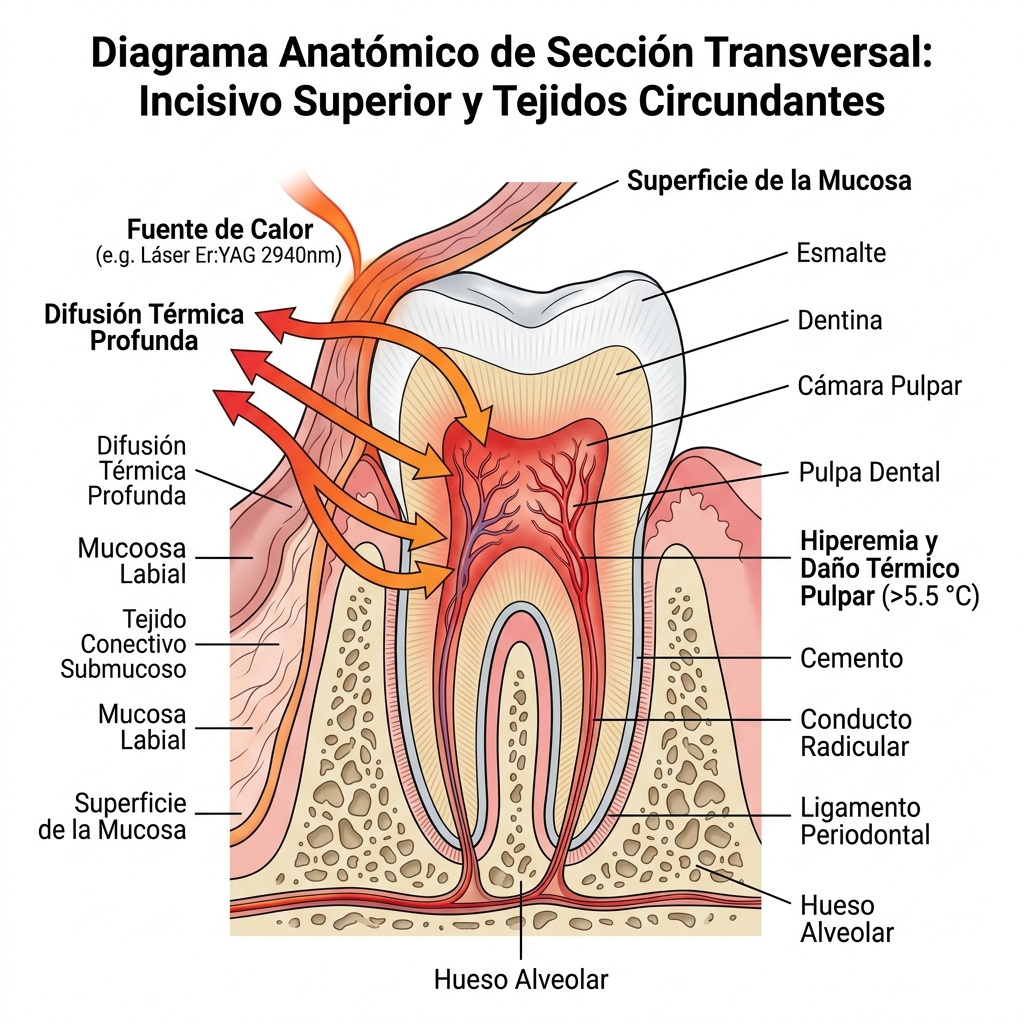 Esquema anatómico de un diente incisivo y su labio adyacente mostrando la conducción de calor excesivo hacia la cavidad pulpar.