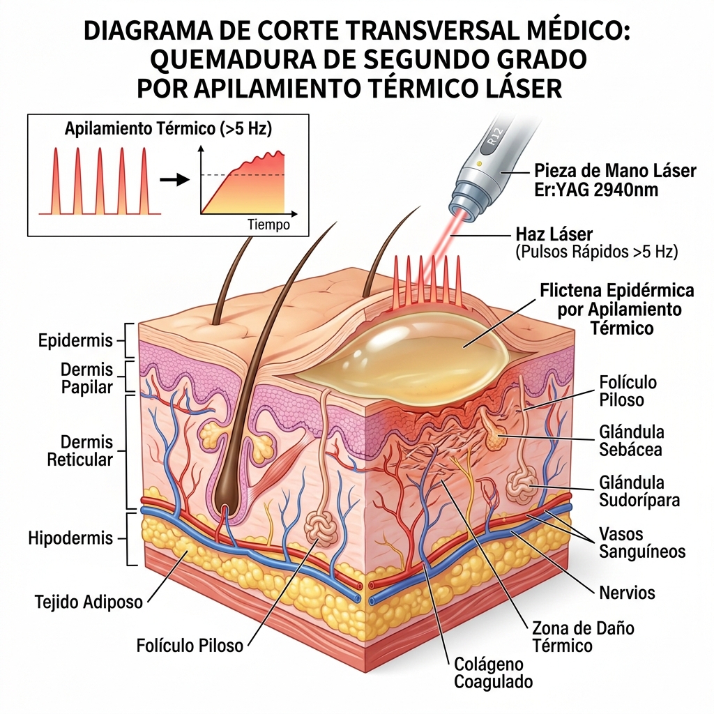Corte transversal de piel con una ampolla/flictena de segundo grado causada por apilamiento térmico excesivo.