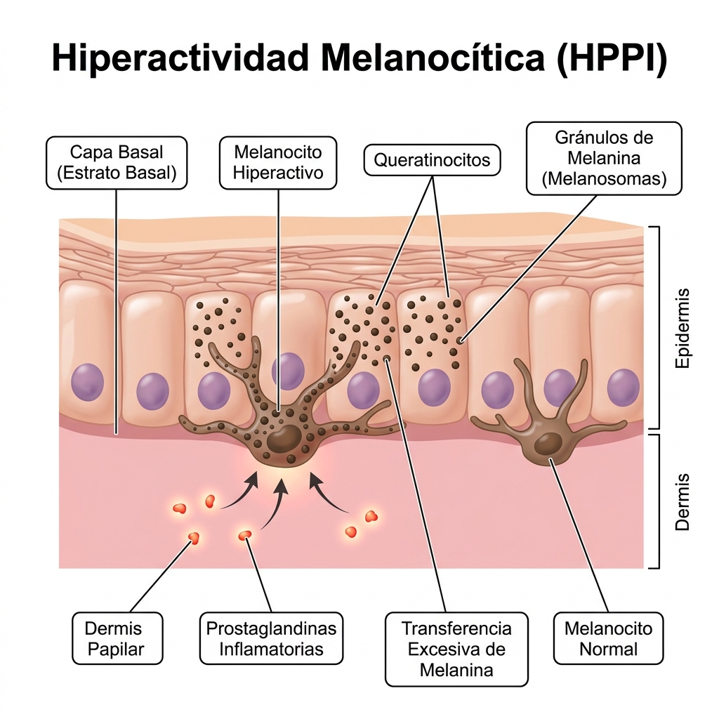 Diagrama fisiopatológico de la capa basal de la piel con melanocitos hiperactivos secretando melanina descontrolada.