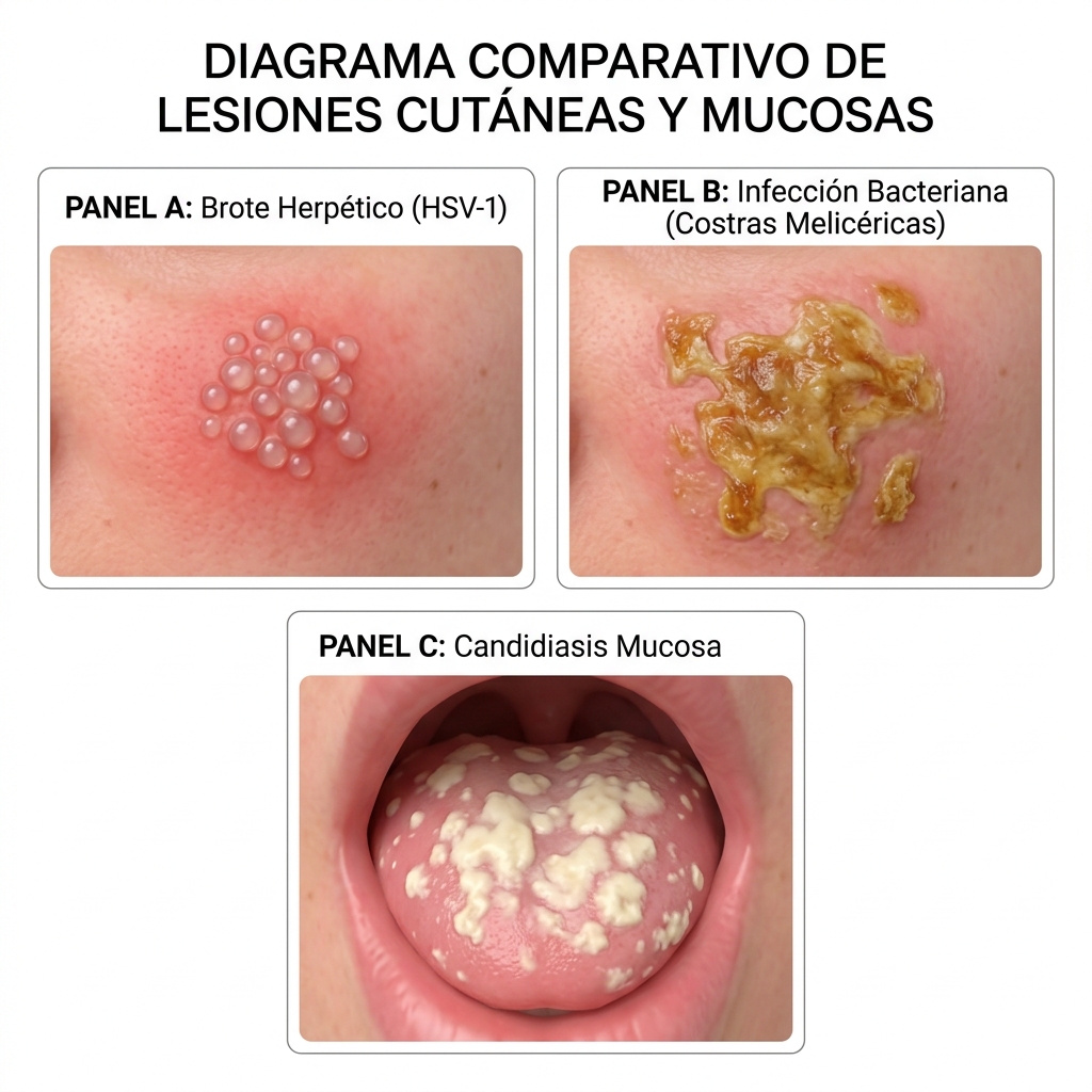 Comparativa visual de 3 manifestaciones infecciosas secundarias: herpes labial, impétigo bacteriano y candidiasis.