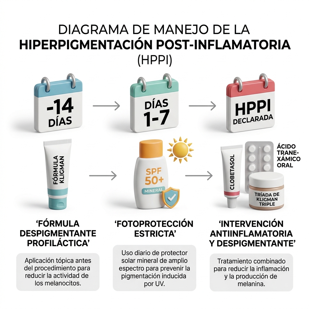 Cronograma de tratamiento profiláctico y terapéutico para HPPI dividida en 3 fases clave.