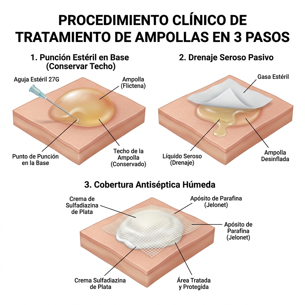Guía ilustrada de 3 pasos para la punción estéril y drenaje de flictenas sin retirar el techo epidérmico.
