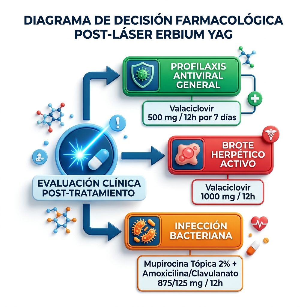 Algoritmo farmacéutico posológico para prevención y manejo de rebrotes herpéticos e infecciones bacterianas.