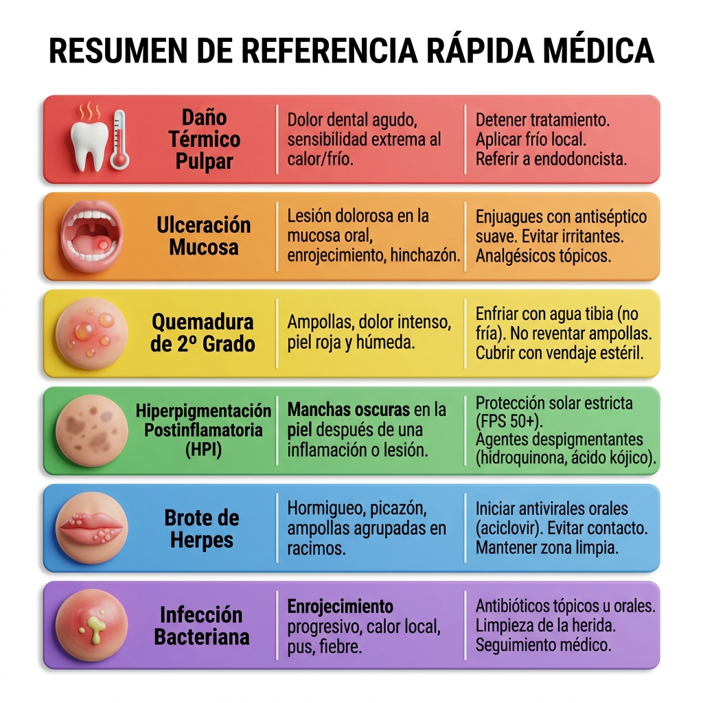 Tarjeta de referencia rápida estilo póster clínico con iconos y códigos de color para acciones médicas inmediatas.