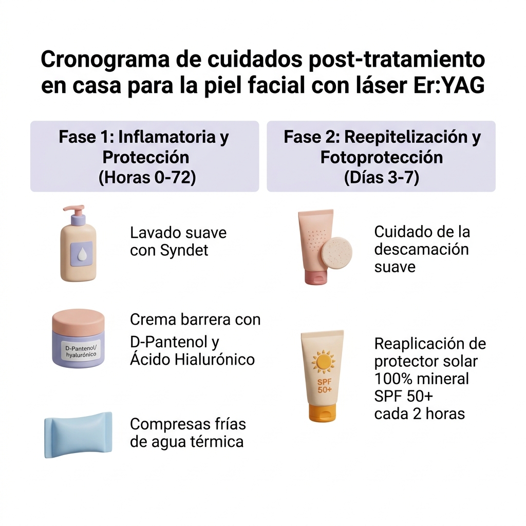 Infografía cronológica del protocolo domiciliario post-tratamiento cutáneo