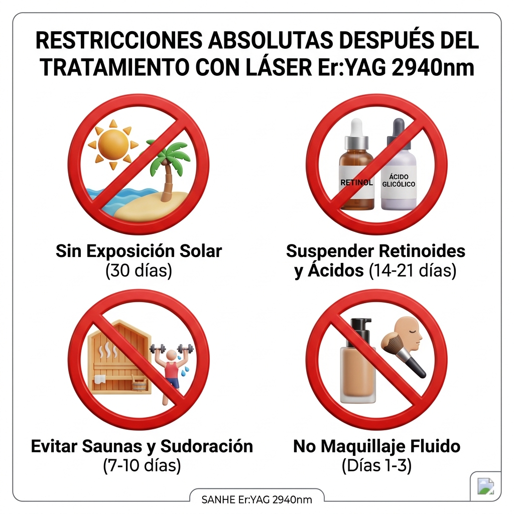 Cuadro gráfico de advertencias sobre restricciones absolutas post-procedimiento cutáneo