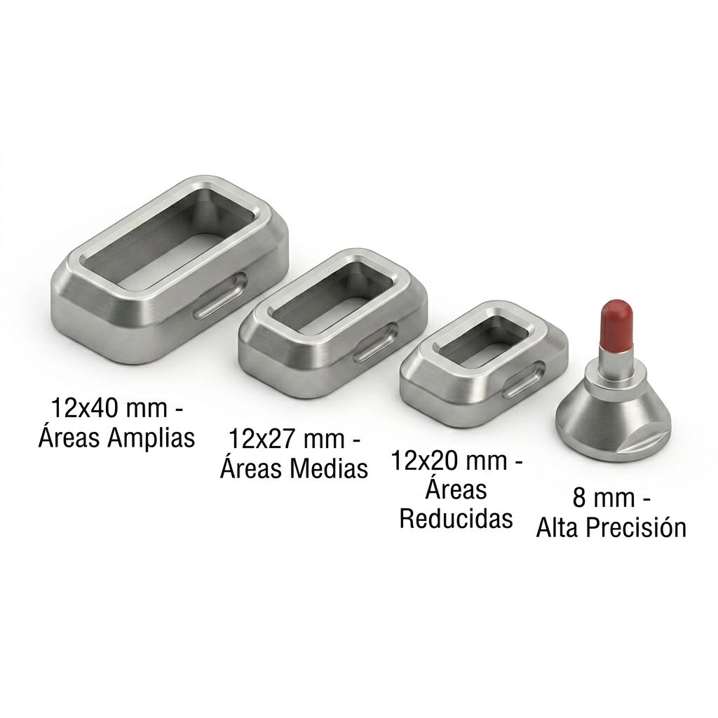 Render 3D exploded view del juego de 4 punteras magnéticas intercambiables.