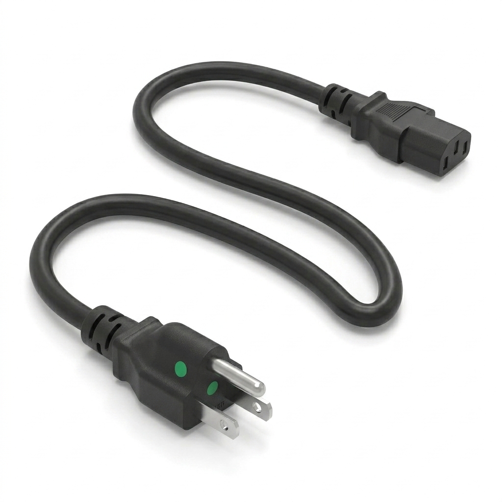 Render 3D técnico del cable de alimentación NEMA 5-15P a IEC C13.