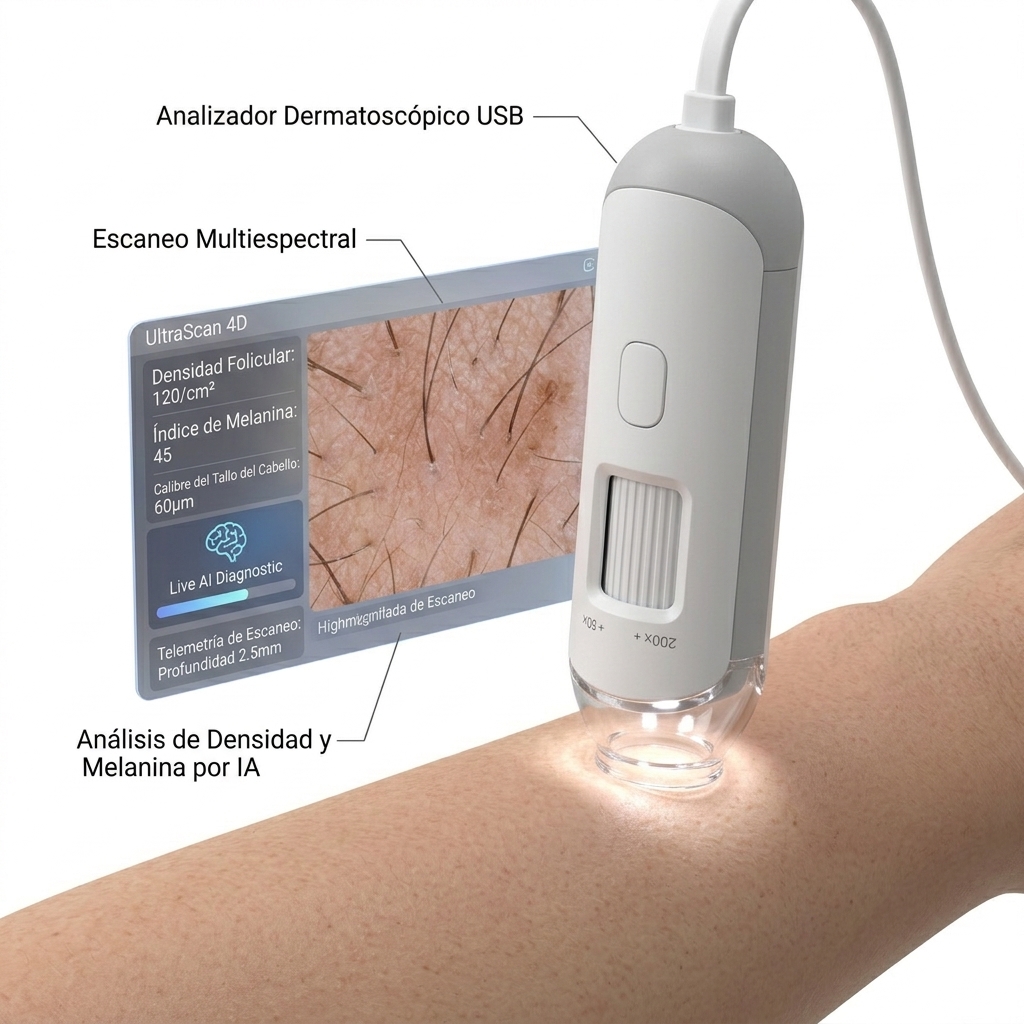 Ilustración 3D del dermatoscopio analizador digital escaneando la piel e interactuando con la interfaz móvil de diagnóstico.
