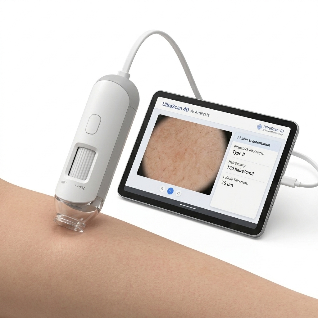 Composición 3D del ecosistema diagnóstico inteligente: sonda dermatoscópica USB capturando la piel conectada a la tablet/app de IA y consola UltraScan 4D.