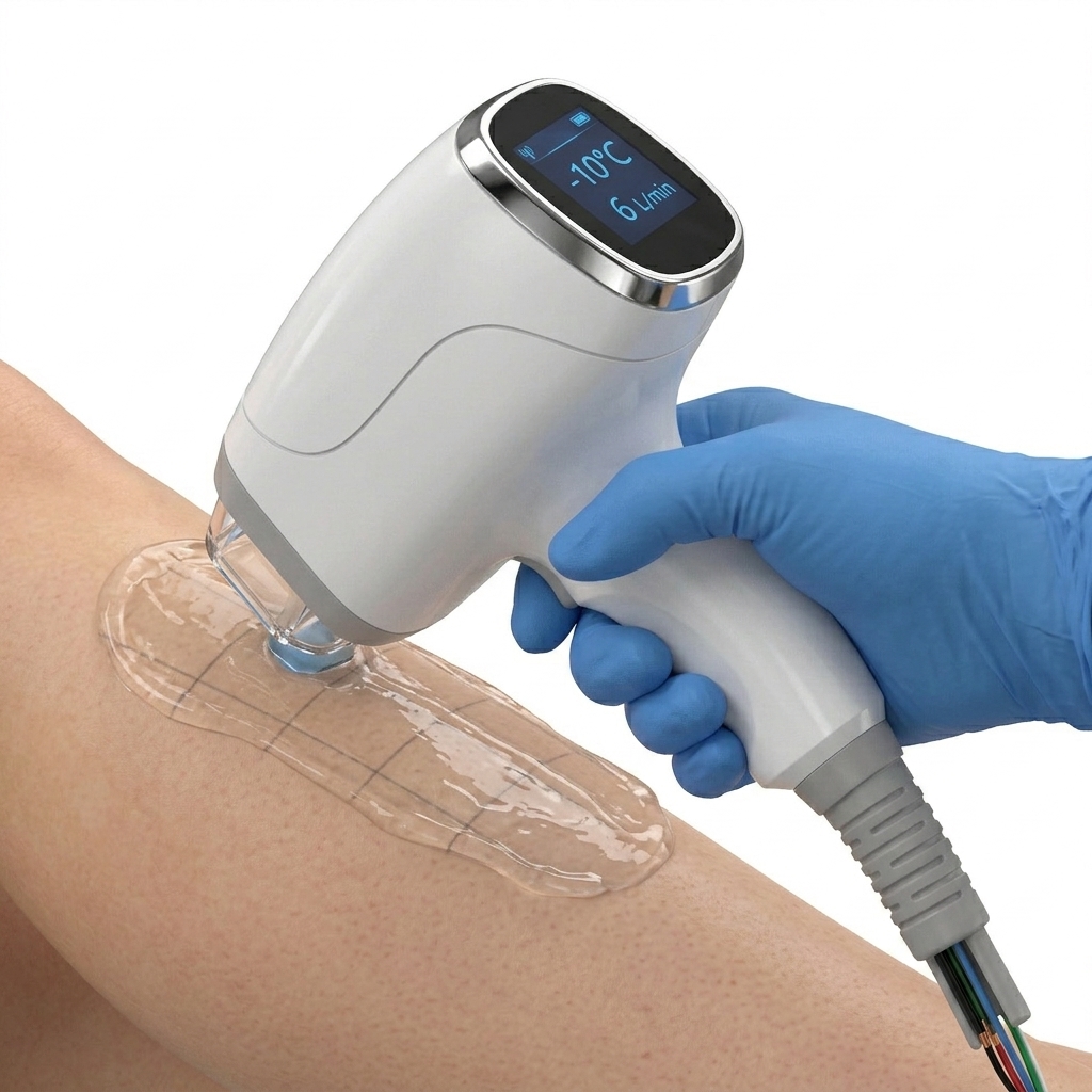 Maniobra clínica del manípulo láser aplicando contact cooling con gel conductor