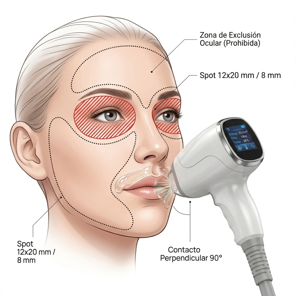 Diagrama 3D de cartografía facial con delimitación de zonas tratables, selección de spots y área de exclusión ocular.