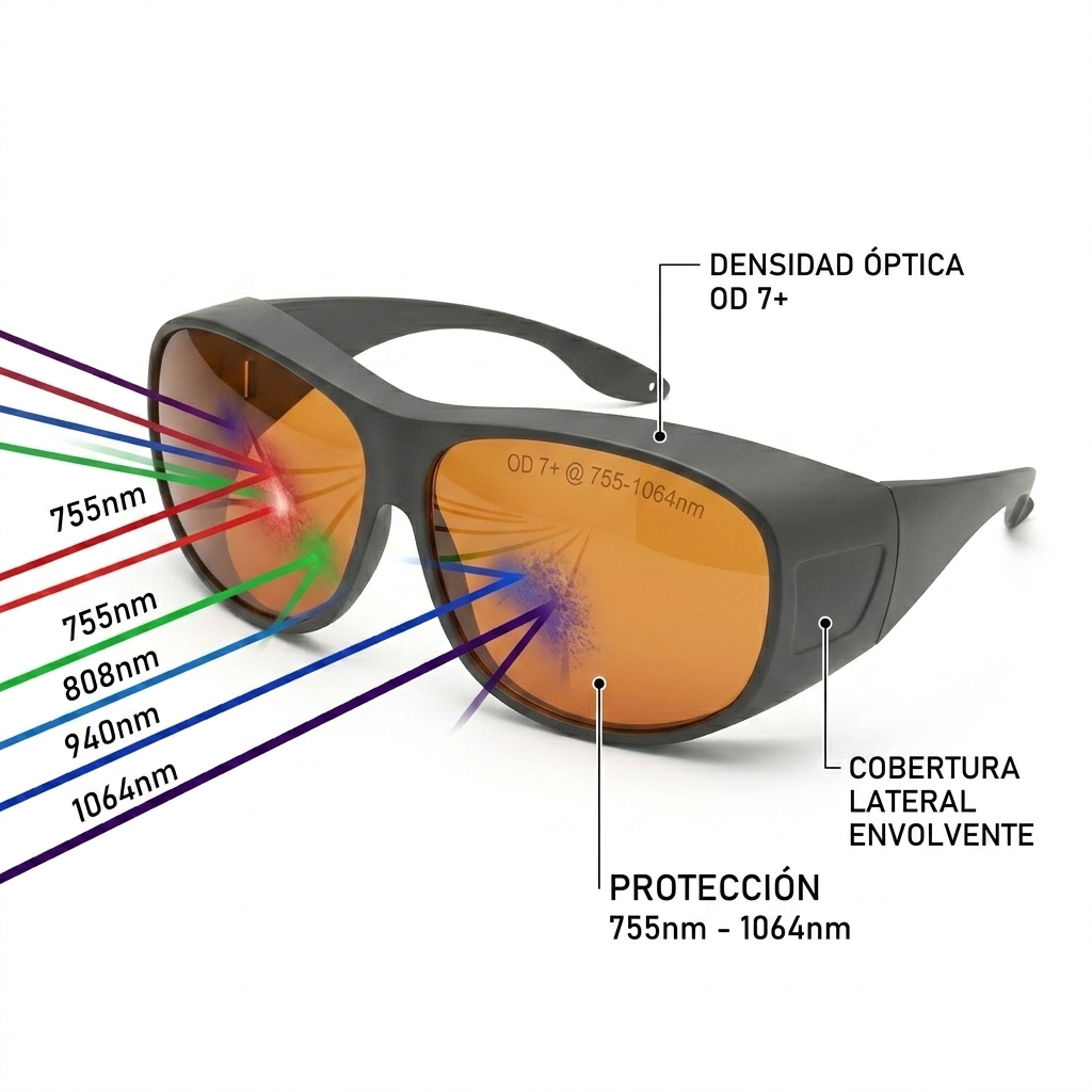 Render 3D técnico de las gafas de protección láser del operador con especificaciones de densidad óptica y filtrado espectral.