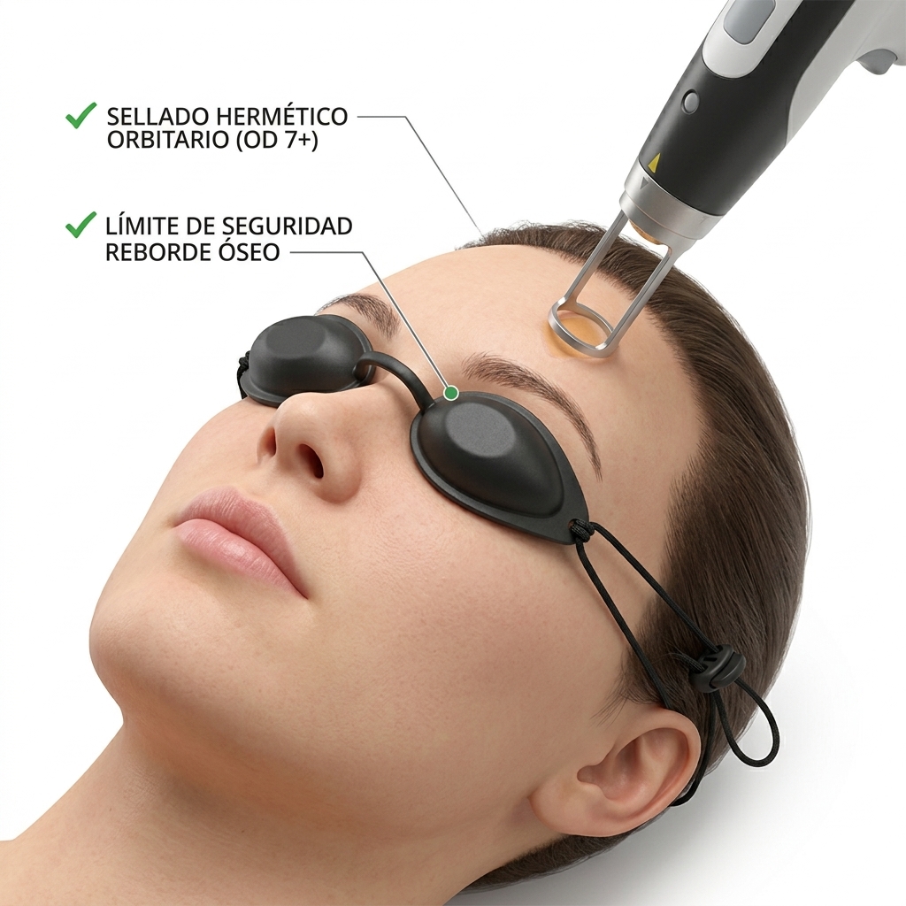 Render 3D de las copas oculares opacas de paciente mostrando el ajuste anatómico periocular y oclusión lumínica total.