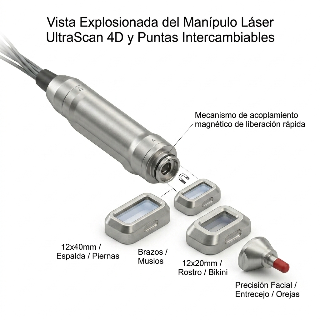 Vista técnica 3D con despiece y montaje magnético de los 4 spots intercambiables sobre el cabezal del manípulo.