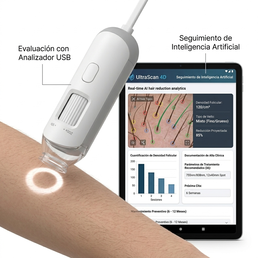 Render 3D del dermatoscopio USB UltraScan 4D realizando un escaneo de seguimiento digital de la piel junto a la tablet de diagnóstico con Inteligencia Artificial.
