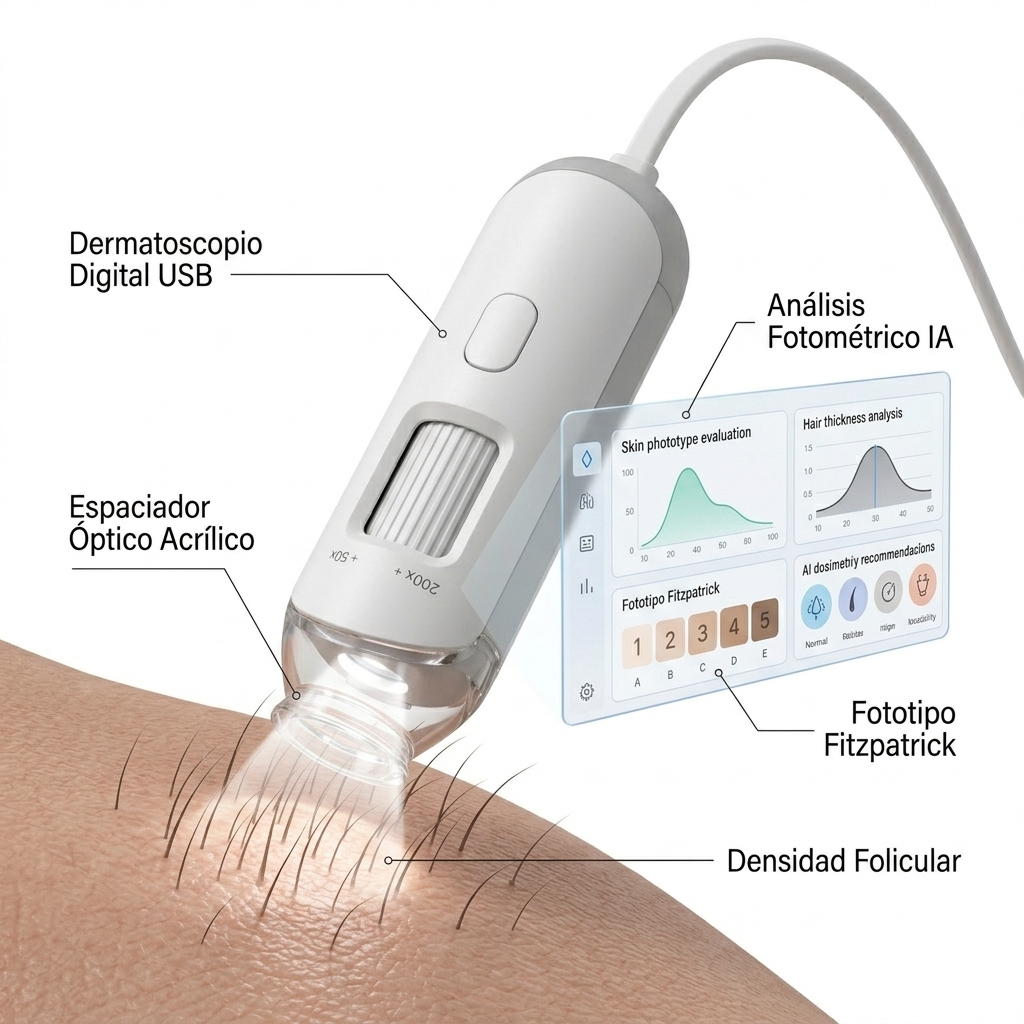 Render 3D de dermatoscopia digital y diagnóstico con la cámara USB analizador de piel conectada a la interfaz de IA.