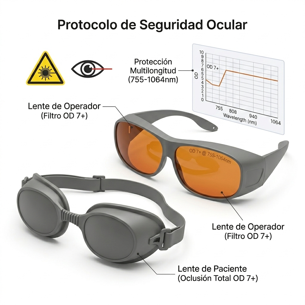 Infografía técnica 3D de elementos de seguridad óptica y biológica, mostrando el uso de lentes de protección OD 7+ para paciente y operador.