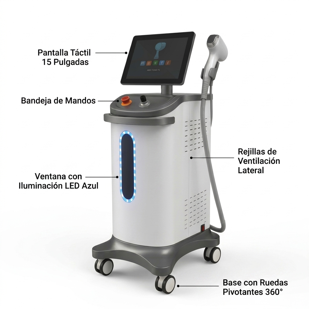 Render 3D de la consola médica UltraScan 4D en vista de tres cuartos señalando sus partes principales.