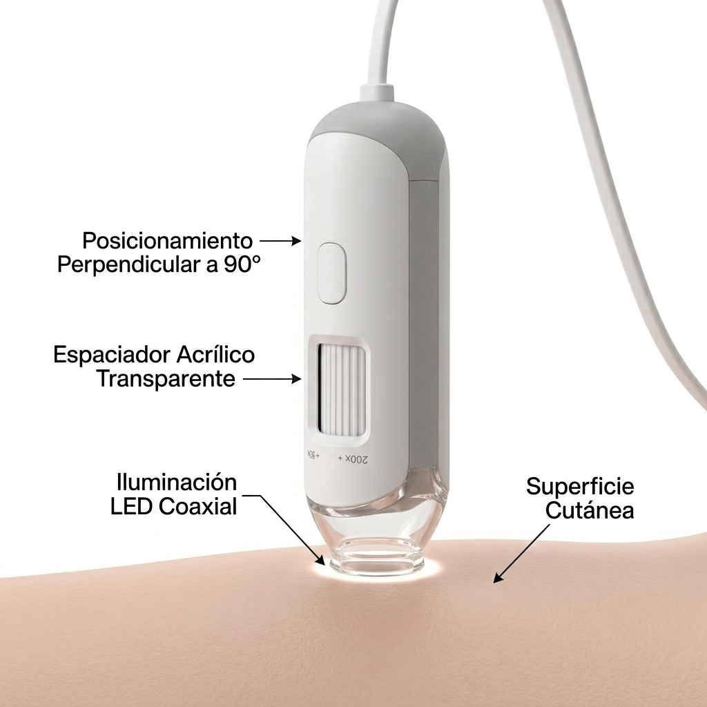 Render 3D en primer plano del posicionamiento perpendicular exacto del dermatoscopio USB sobre la piel.