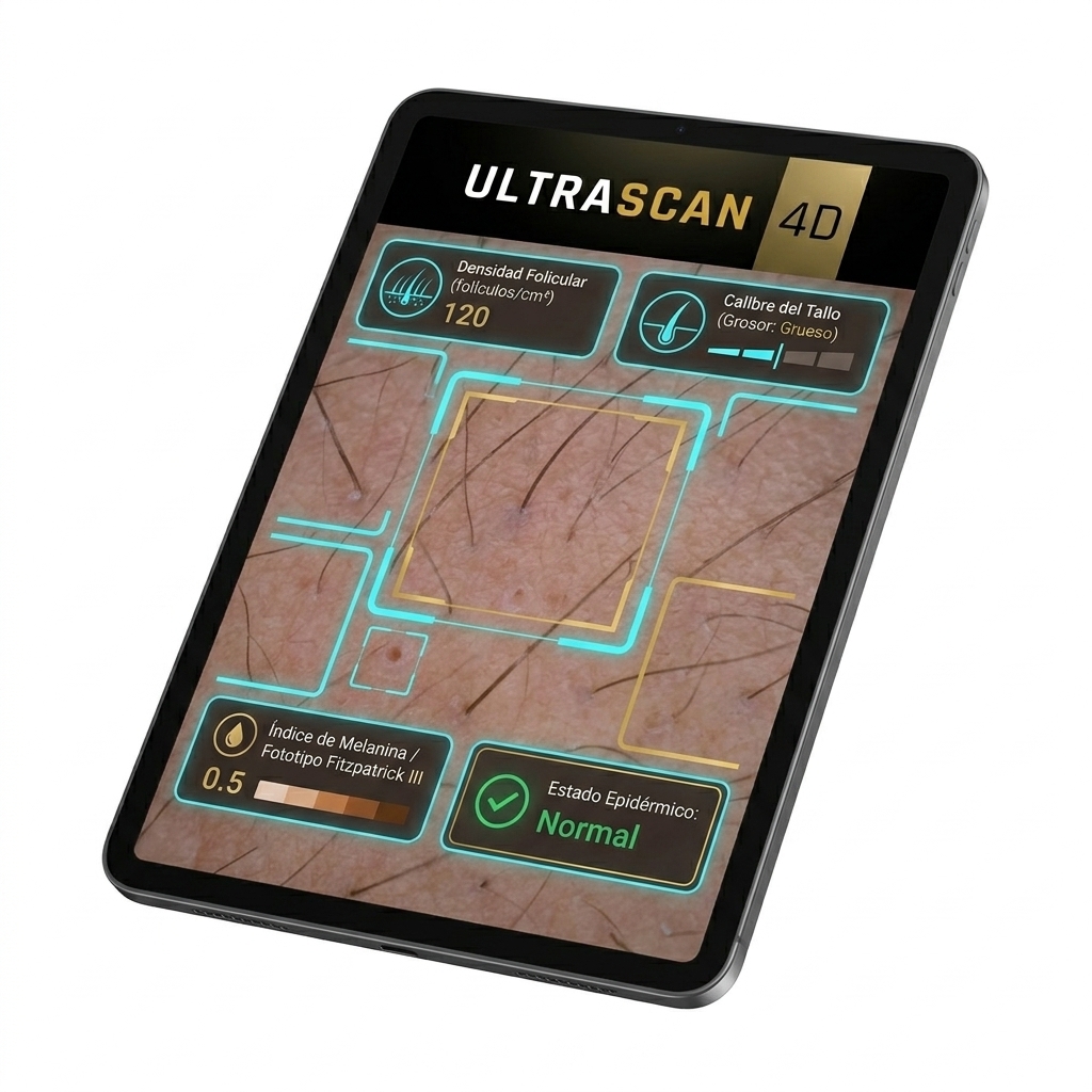 Render 3D de la interfaz de la aplicación Android procesando los parámetros biométricos de la piel con cajas de segmentación IA.