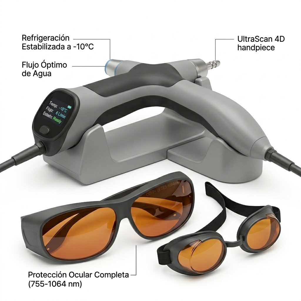 Render 3D de los elementos de bioseguridad óptica: gafas de operador y copas protectoras de paciente con la pantalla OLED del manípulo calibrada a -10°C.