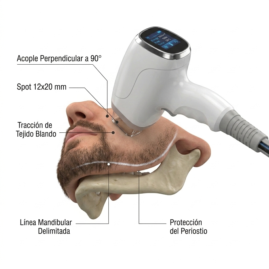 Esquema 3D de técnica de tracción tisular y acople a 90 grados sobre el reborde mandibular.