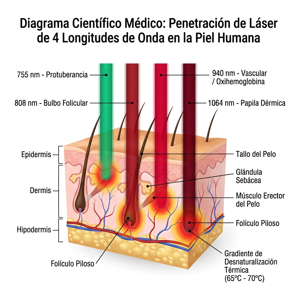 Corte anatómico transversal 3D de la piel mostrando la penetración simultánea de las 4 longitudes de onda hacia el folículo piloso.