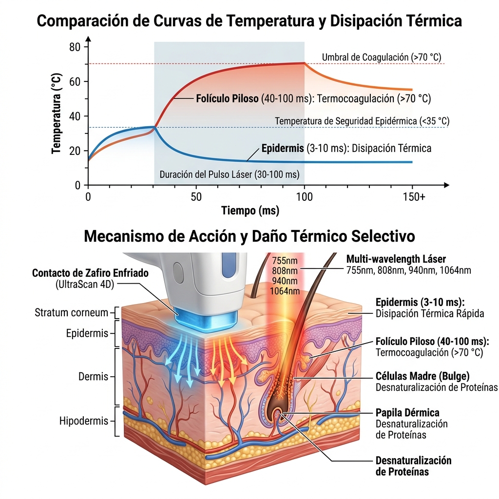 Ilustración 3D de cinética térmica diferencial comparando la disipación rápida en epidermis versus la termocoagulación intrafolicular.