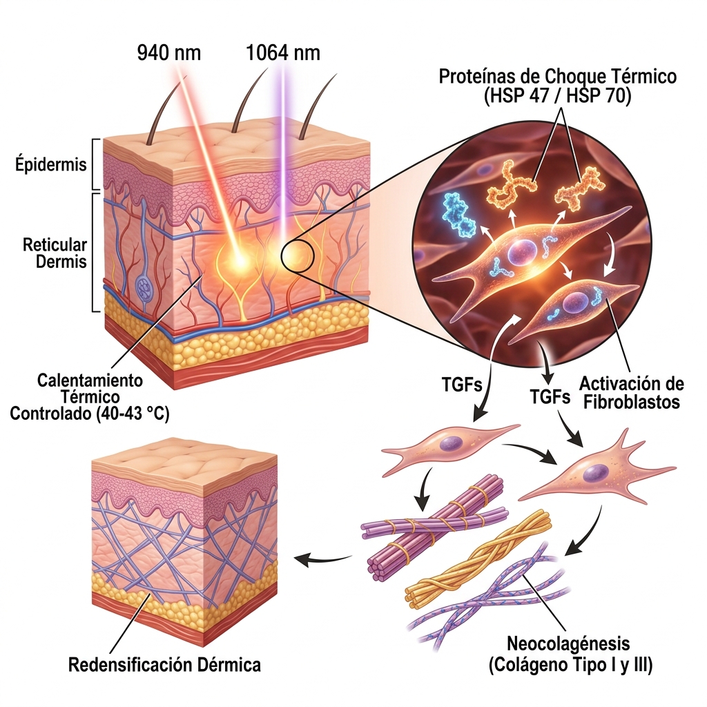 Render 3D de la cascada biológica de fotorrejuvenecimiento térmico en la dermis reticular mostrando fibroblastos activos y síntesis de colágeno.