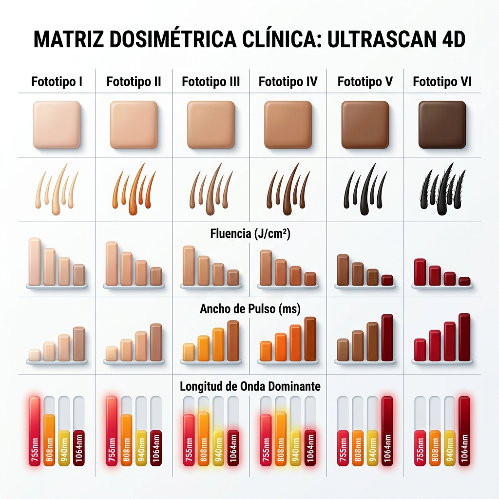 Gráfico 3D comparativo de la escala de fototipos I a VI de Fitzpatrick mostrando la adaptación de fluencia y longitud de onda requerida.