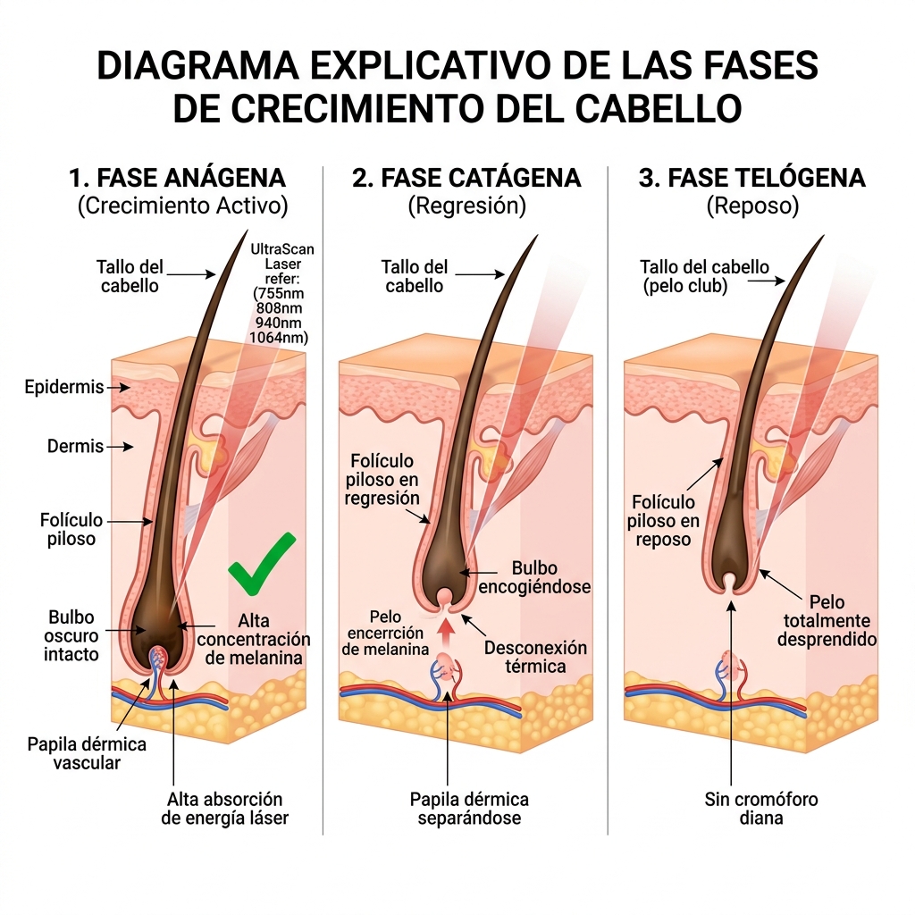 Diagrama 3D de corte anatómico que compara las tres fases del folículo piloso: Anágena, Catágena y Telógena.