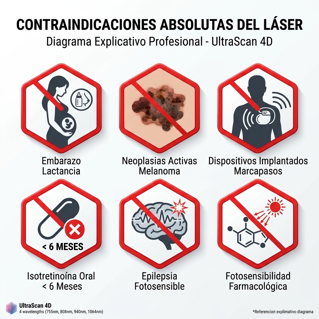 Diagrama 3D biomédico conceptual que ilustra los mecanismos de contraindicaciones absolutas frente a la radiación láser.
