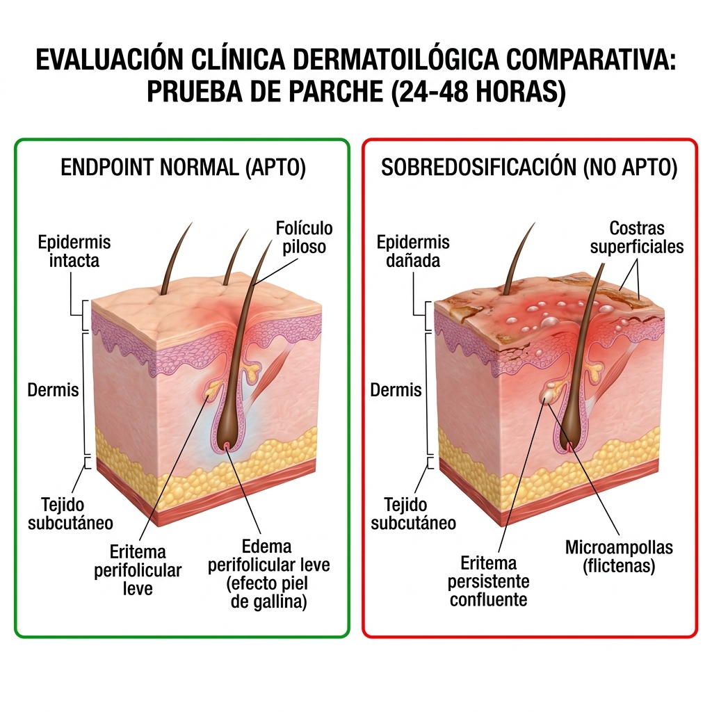 Diagrama 3D comparativo de endpoints clínicos a las 24-48 horas: respuesta terapéutica normal versus sobredosificación dérmica.