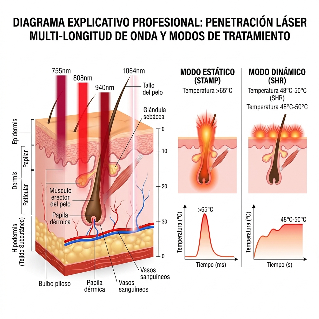 Diagrama 3D biomédico en corte de piel mostrando la penetración diferencial de las cuatro longitudes de onda (755, 808, 940 y 1064 nm) y los dos modos de termólisis (Estático y Dinámico).