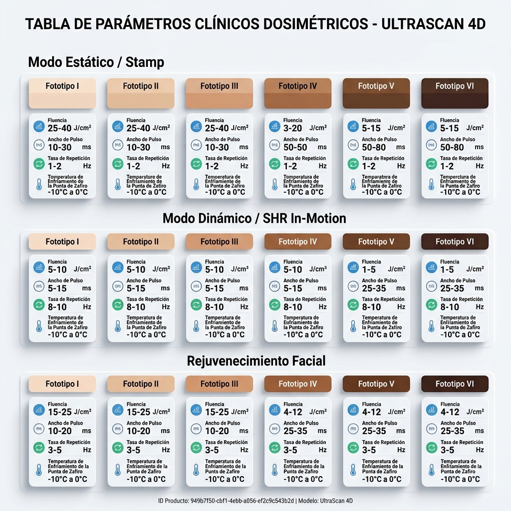 Gráfico 3D comparativo de curvas dosimétricas según fototipo Fitzpatrick (I a VI) para modo Estático vs modo Dinámico.
