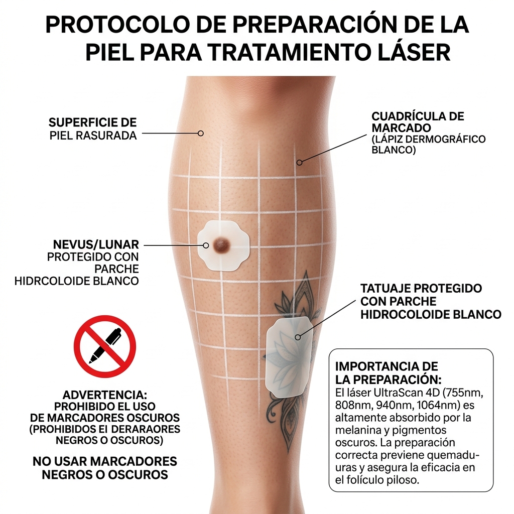 Diagrama 3D clínico del protocolo de marcaje cutáneo con lápiz blanco y protección de lesiones sobre cuadrantes dérmicos.