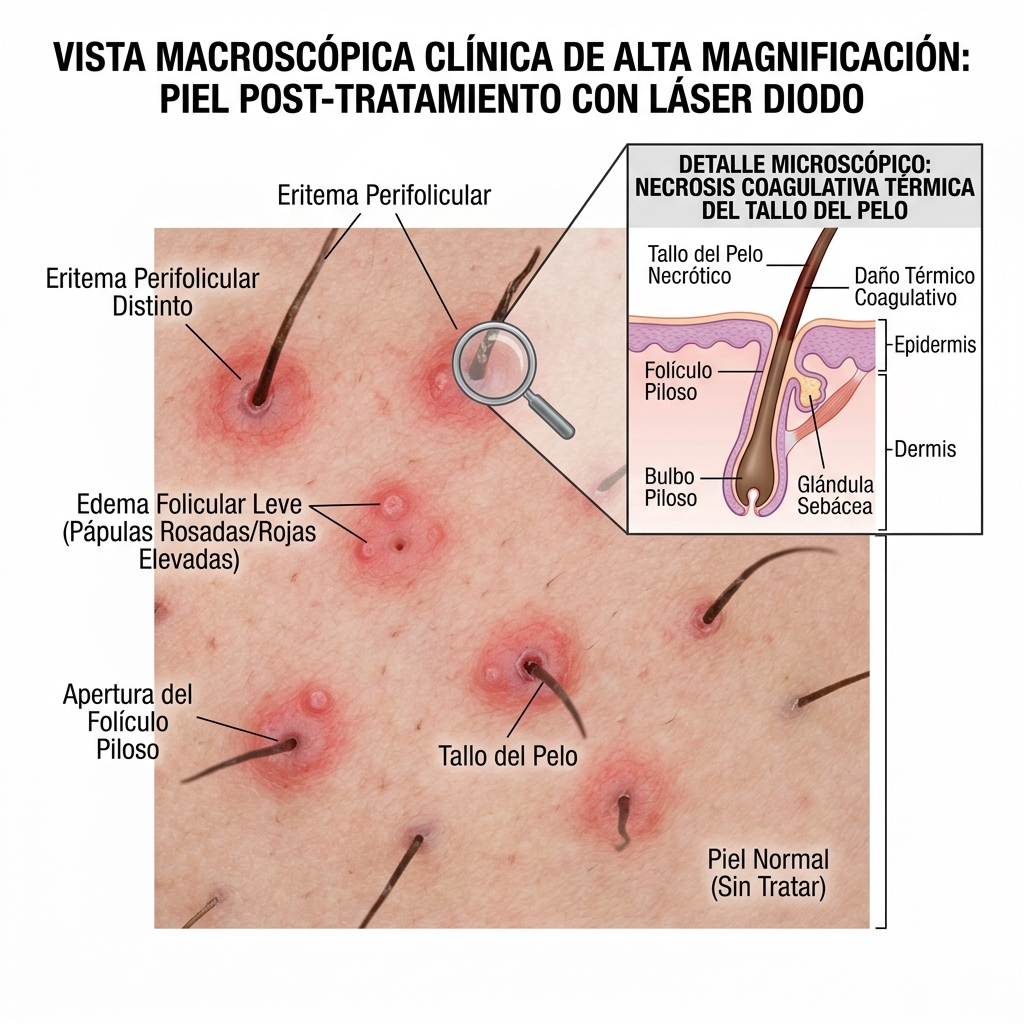 Corte histológico y render 3D de la piel mostrando el endpoint clínico inmediato de eritema y edema perifolicular.