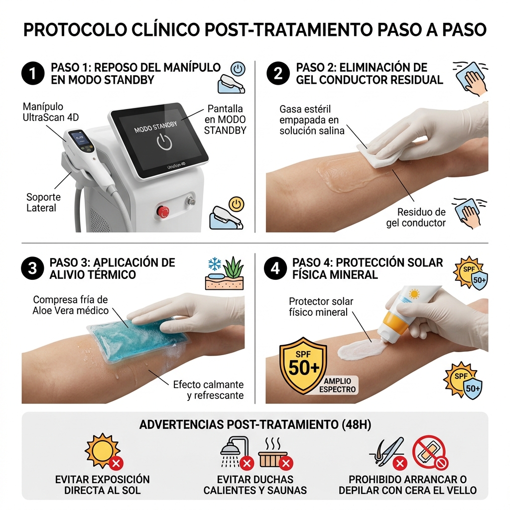 Esquema 3D paso a paso de los cuidados post-tratamiento: retirada de gel, compresa calmante, emulsión reparadora y fotoprotección.